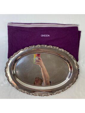 Vintage Oneida Silver-Plated Oval Serving Tray With Purple Protective Cover